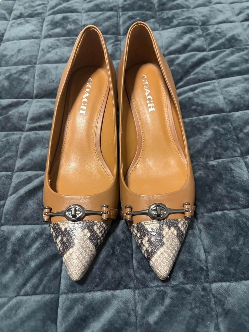 Coach Cognac Leather Snakeskin Pointed Toe Heels 9.5